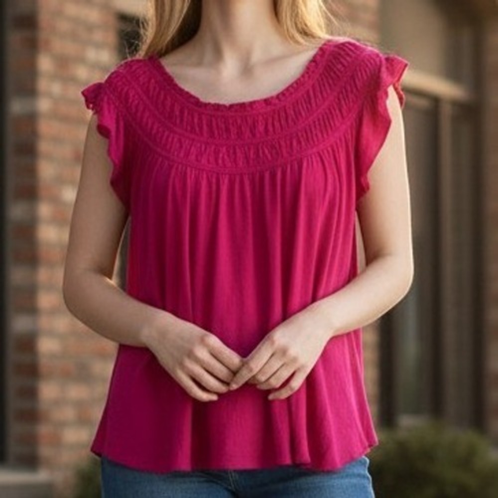 We The Free Bright Fuchsia Smocked Neck Flutter Sleeve Tank Women Oversized XS